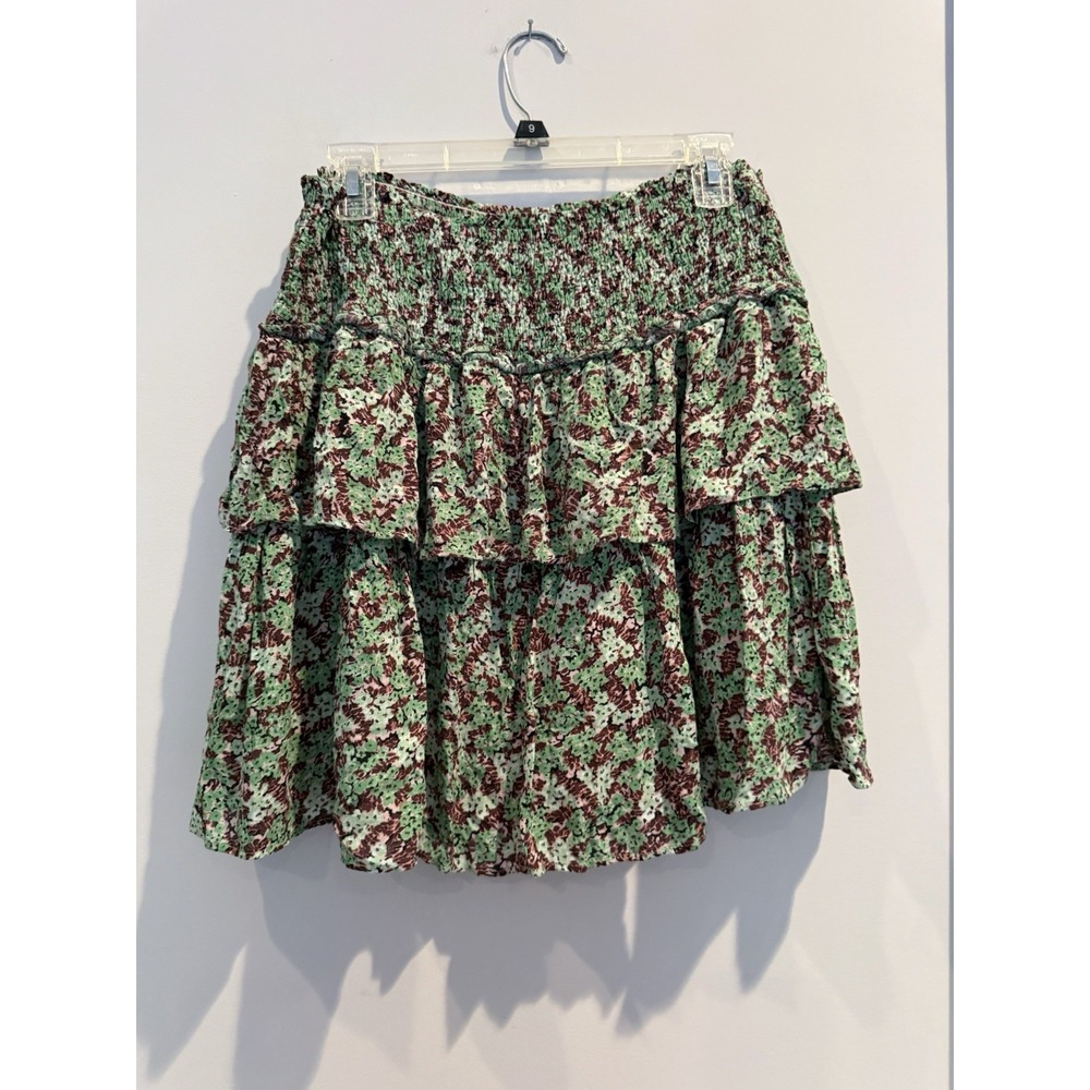 Anthropologie Mini Skirt Green Ditsy Floral Tiered Smocked Waist Pull On Sz M